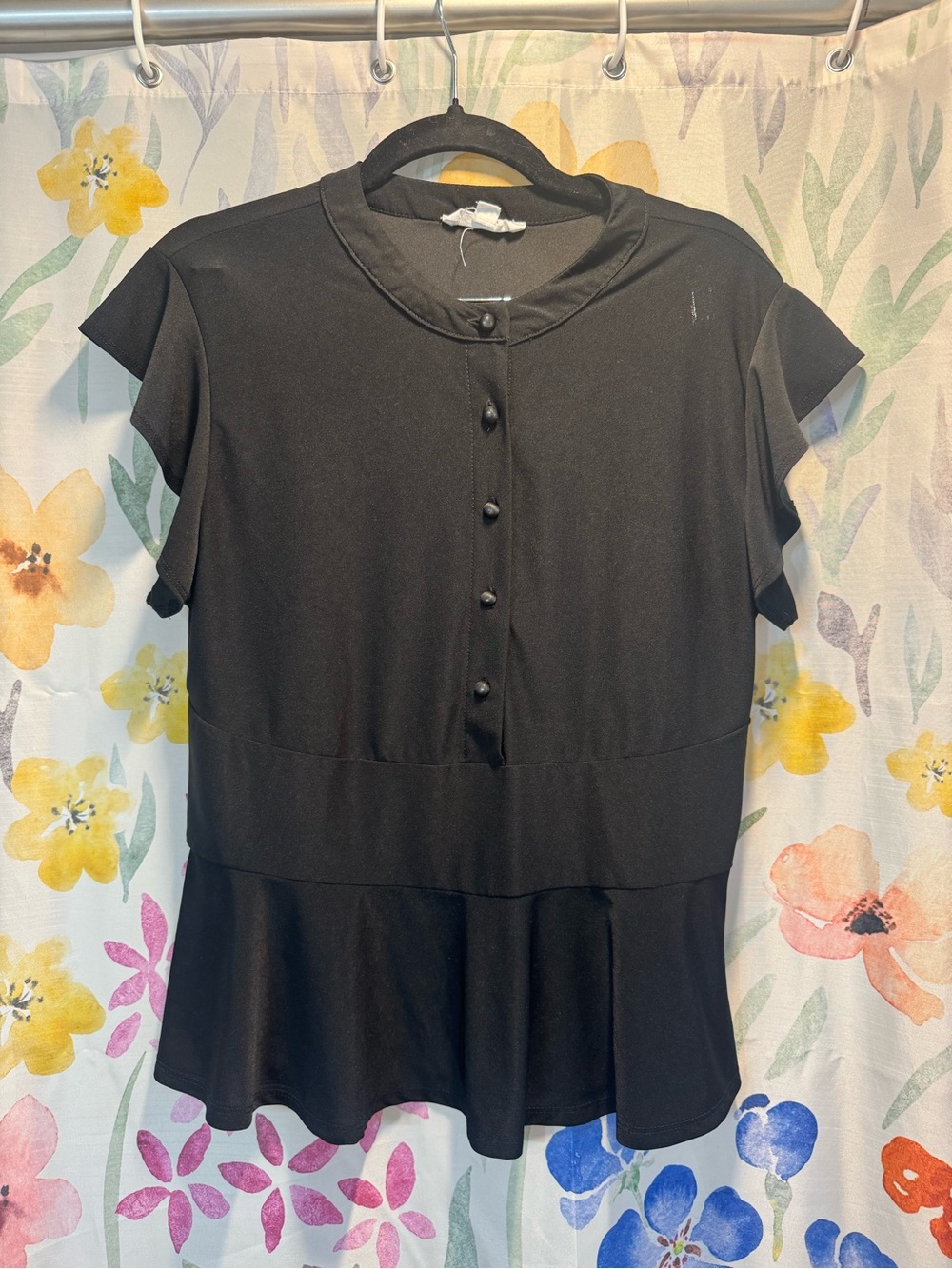 Black Short-Sleeve Button Front Peplum Blouse